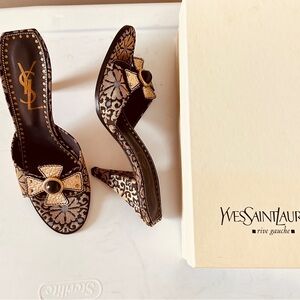 Yves Saint Laurent Black and Gold Heels with Elegant Detailing